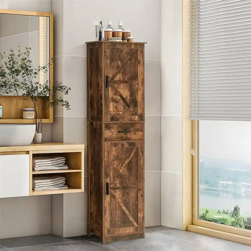 Tall Bathroom Storage Cabinet with 2 Doors and Drawer