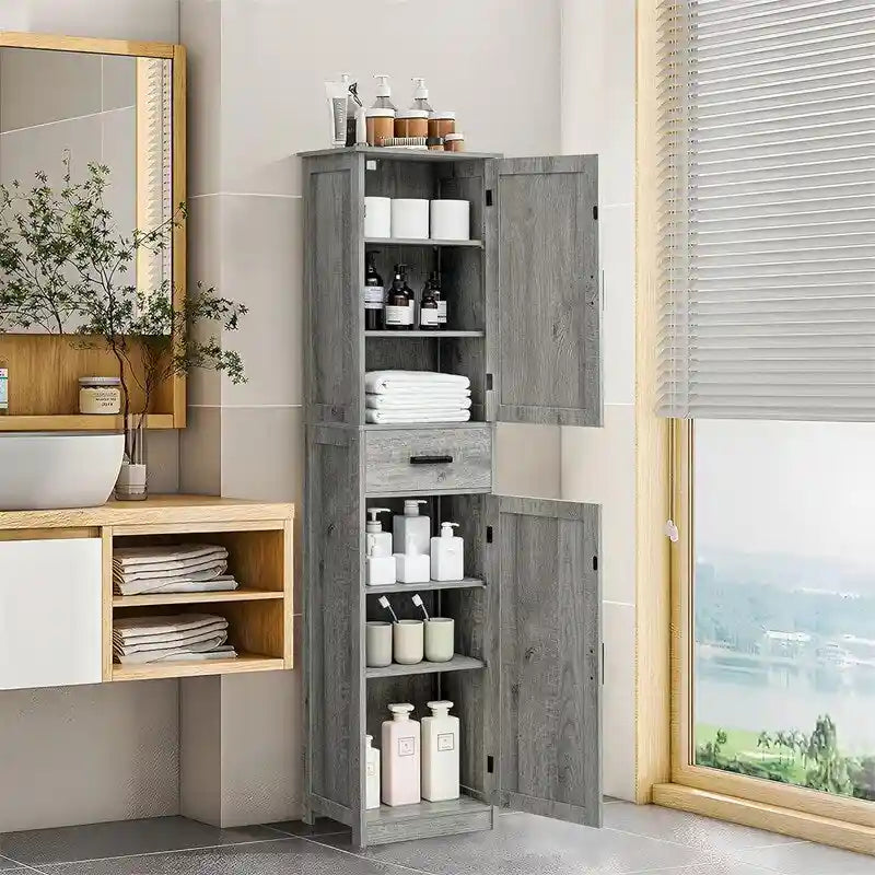 Tall Bathroom Storage Cabinet with 2 Doors and Drawer