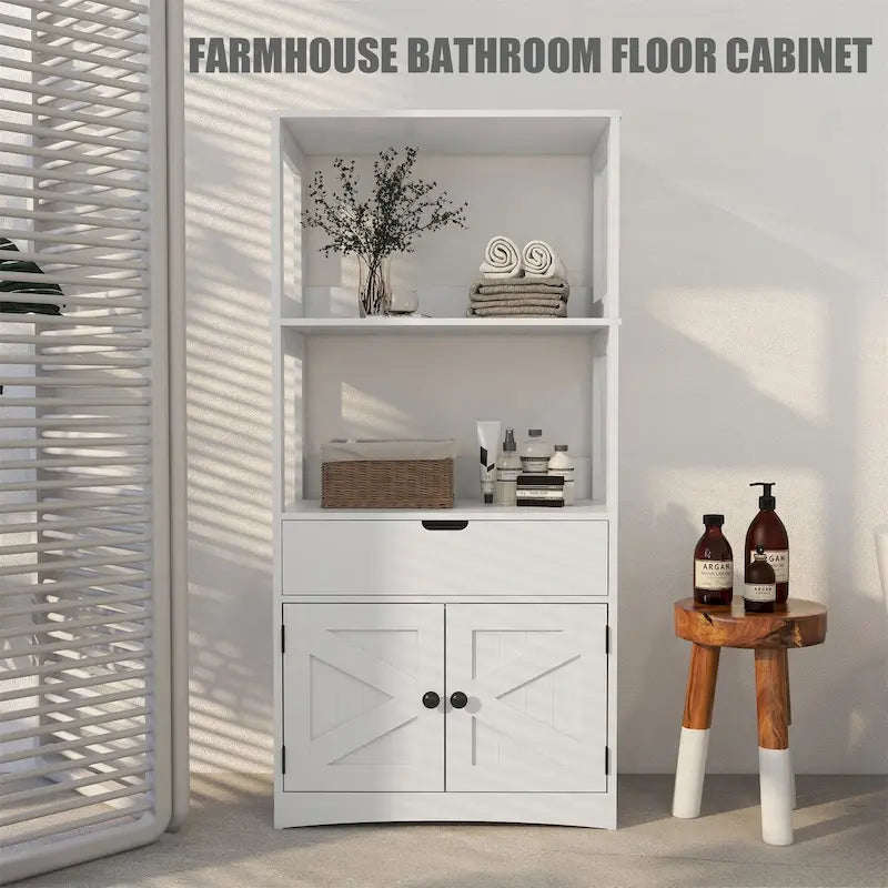 Farmhouse Bathroom Storage Cabinet with Shelves and Drawer