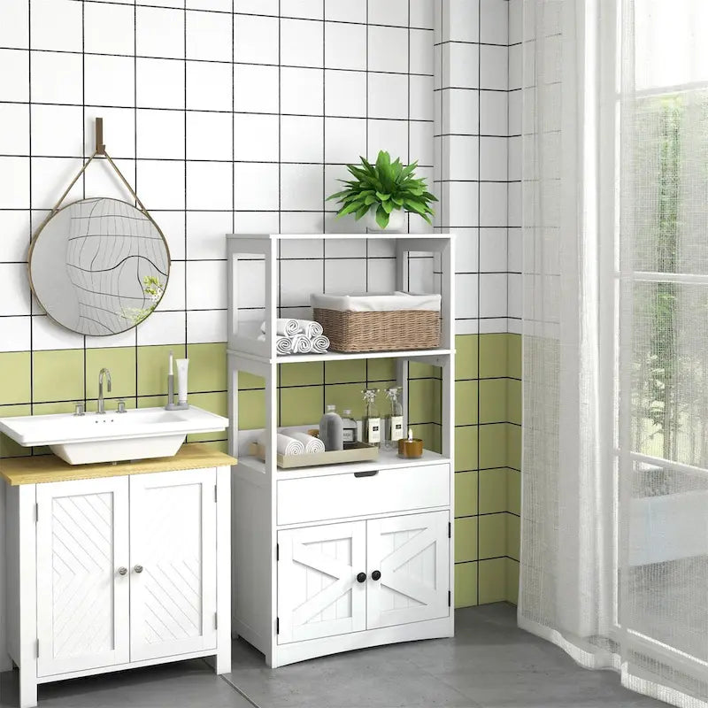 Farmhouse Bathroom Storage Cabinet with Shelves and Drawer