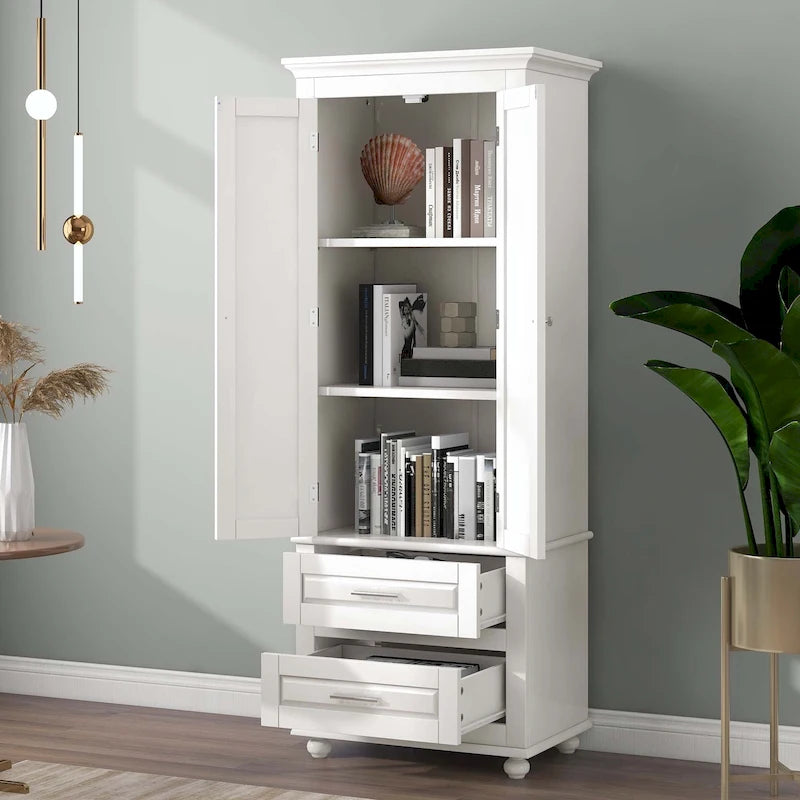 Tall Bathroom Storage Cabinet with 2 Drawers and Adjustable Shelf
