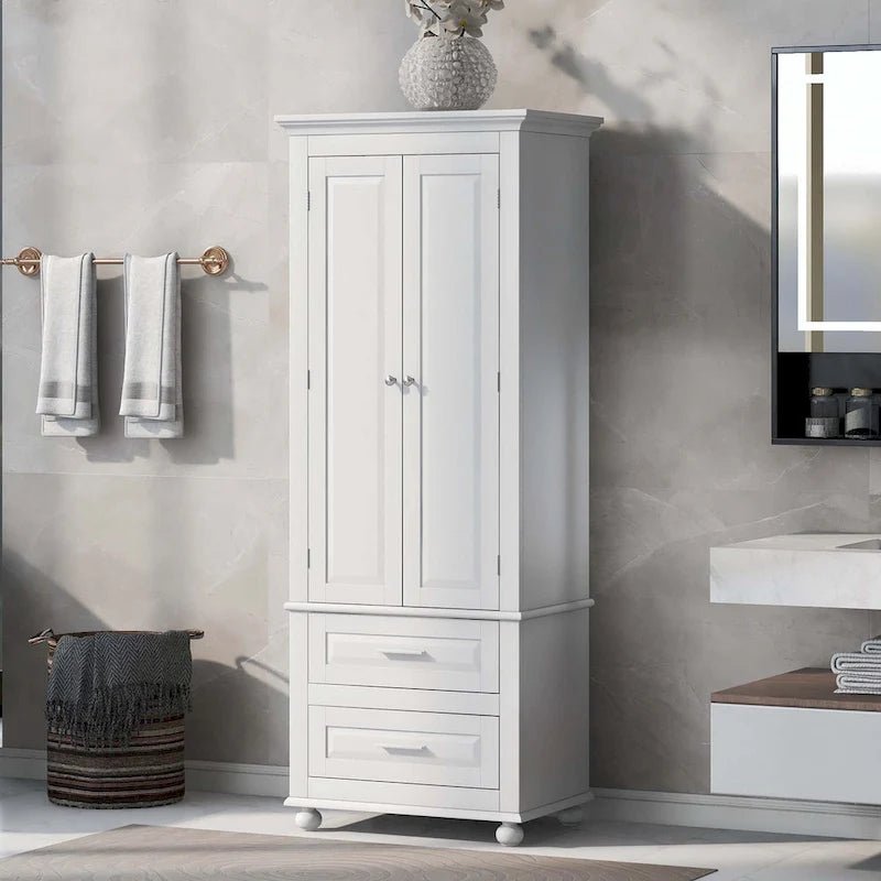 Tall Bathroom Storage Cabinet with 2 Drawers and Adjustable Shelf