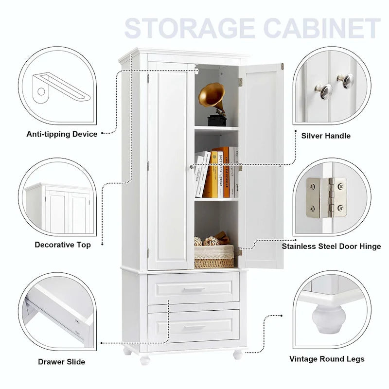 Tall Bathroom Storage Cabinet with 2 Drawers and Adjustable Shelf