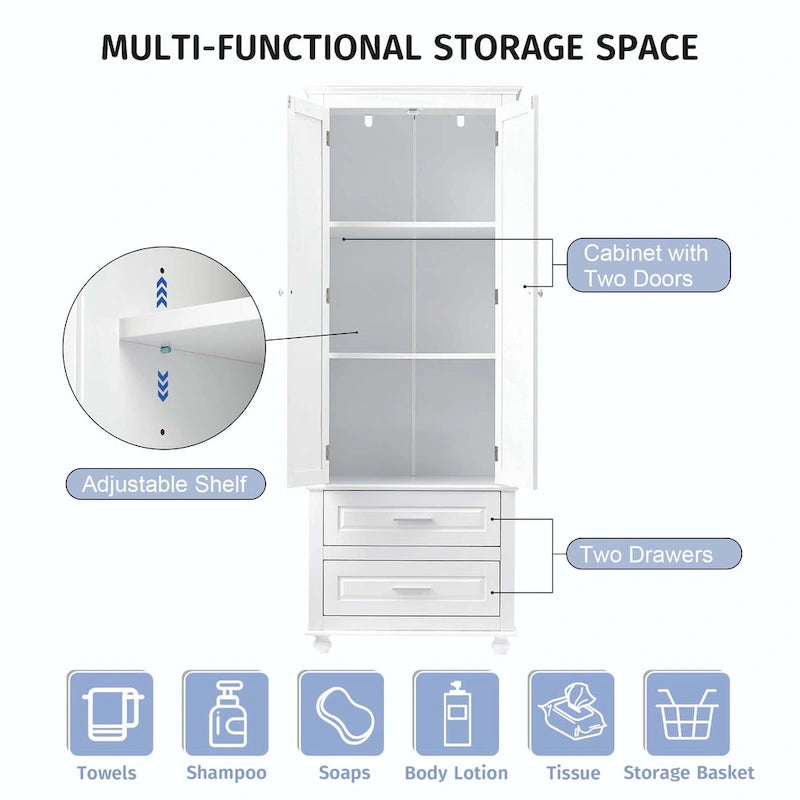 Tall Bathroom Storage Cabinet with 2 Drawers and Adjustable Shelf