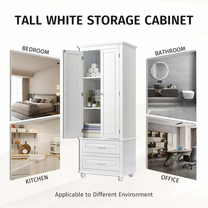 Tall Bathroom Storage Cabinet with 2 Drawers and Adjustable Shelf