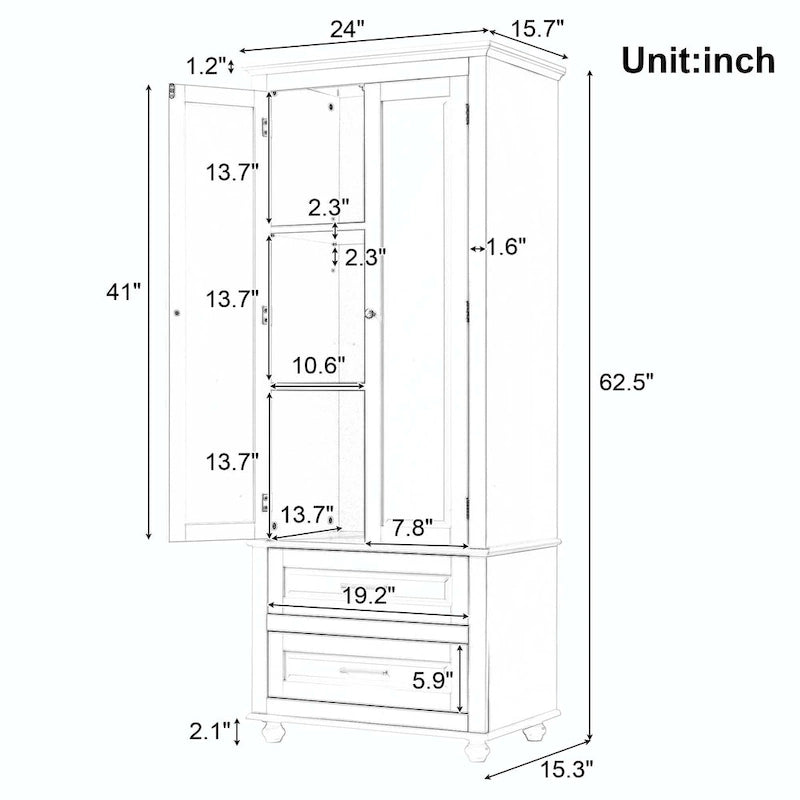 Tall Bathroom Storage Cabinet with 2 Drawers and Adjustable Shelf
