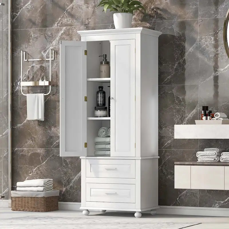 Tall Bathroom Storage Cabinet with 2 Drawers and Adjustable Shelf