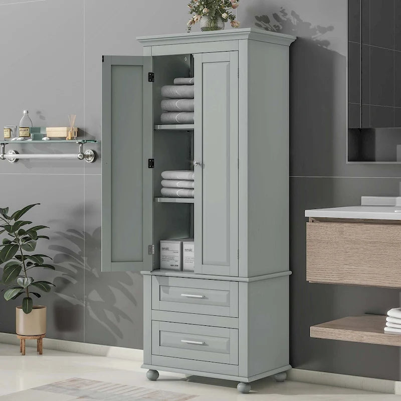 Tall Bathroom Storage Cabinet with 2 Drawers and Adjustable Shelf