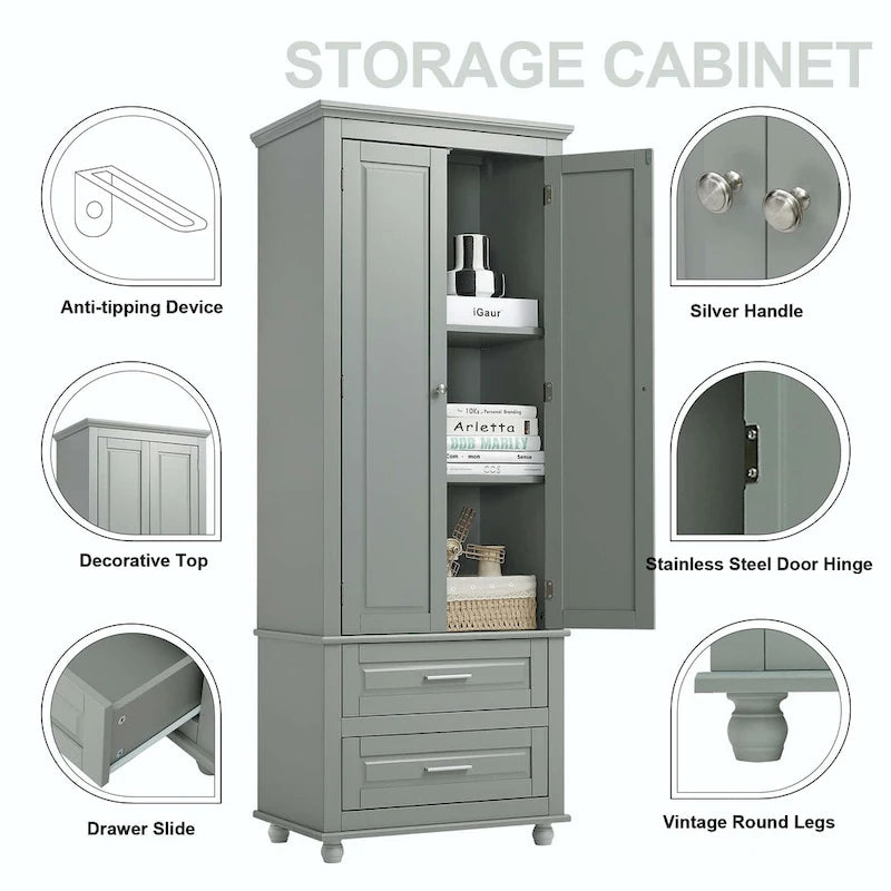 Tall Bathroom Storage Cabinet with 2 Drawers and Adjustable Shelf