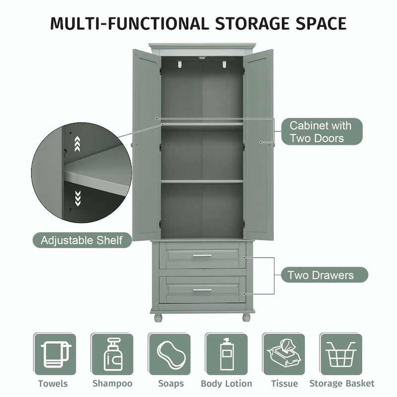 Tall Bathroom Storage Cabinet with 2 Drawers and Adjustable Shelf