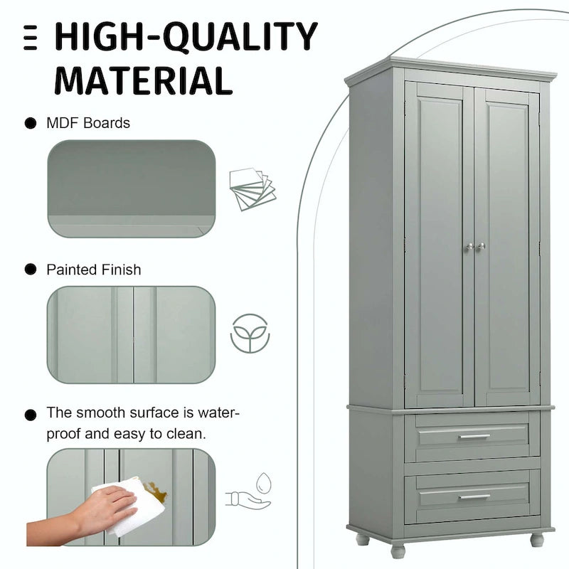 Tall Bathroom Storage Cabinet with 2 Drawers and Adjustable Shelf