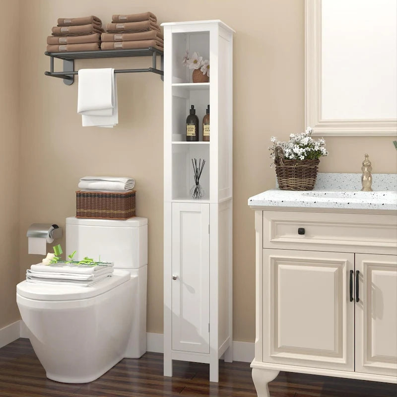 Tall White Bathroom Storage Cabinet with 3 Adjustable Shelves