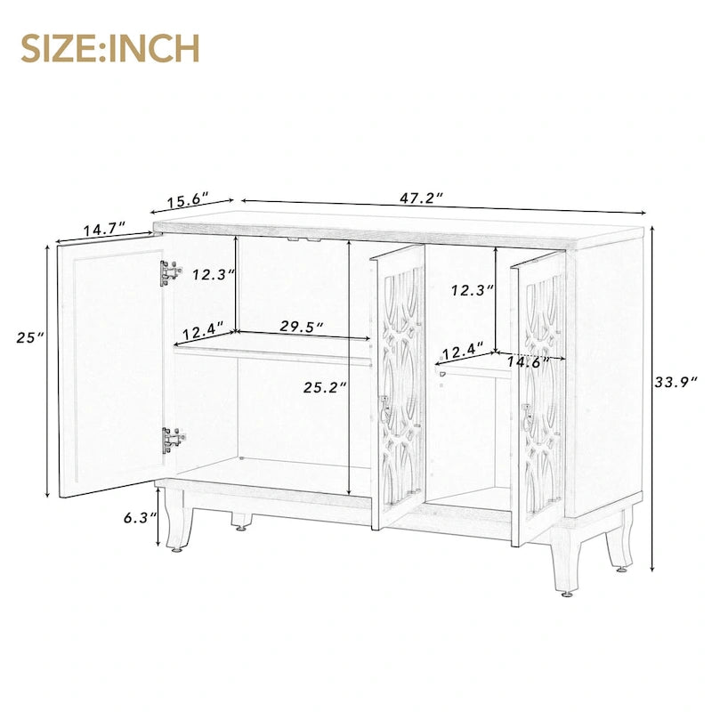 3-Door Mirrored Sideboard with Adjustable Shelves