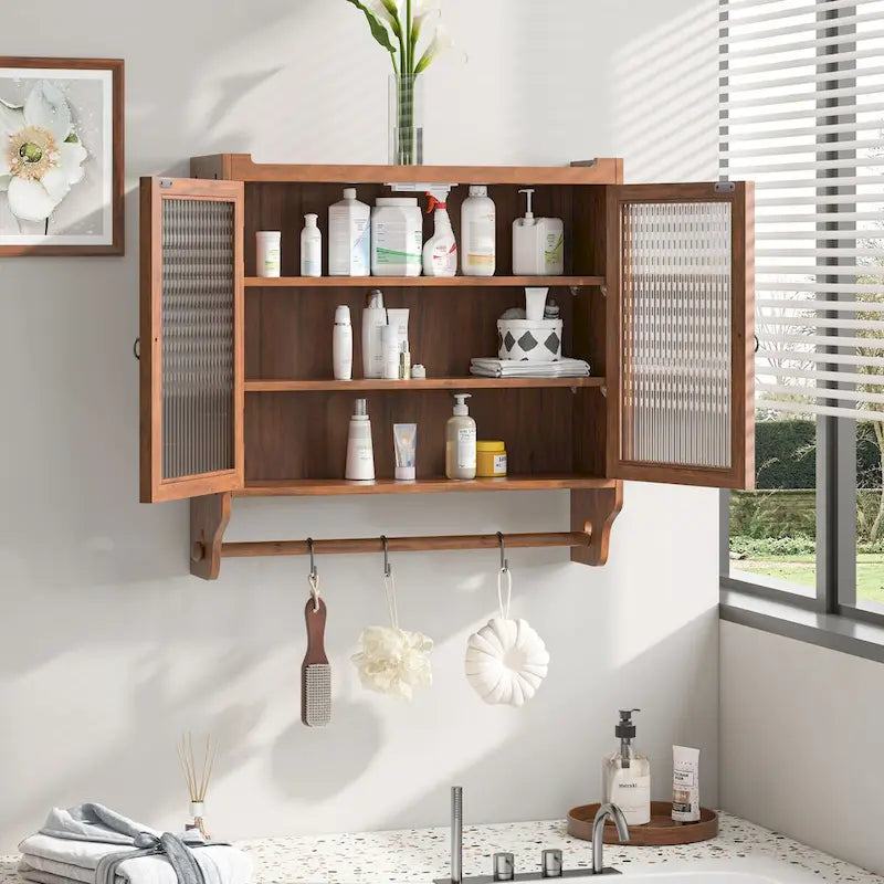 24.8-Inch Vintage Glass Door Wall Cabinet with Towel Rack