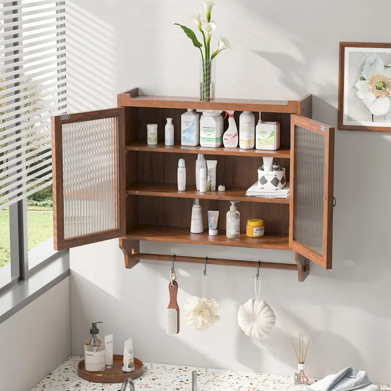 24.8-Inch Vintage Glass Door Wall Cabinet with Towel Rack